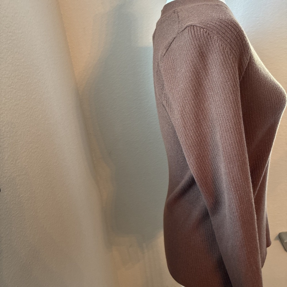Maeve Thea Ribbed V-Neck Sweater Top Medium Honey Brown Metallic Anthropologie - Picture 2 of 10